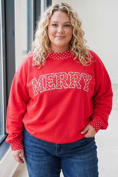 Tomato Red Casual Polka Dot Patchwork Letter Graphic Plus Size Sweatshirt