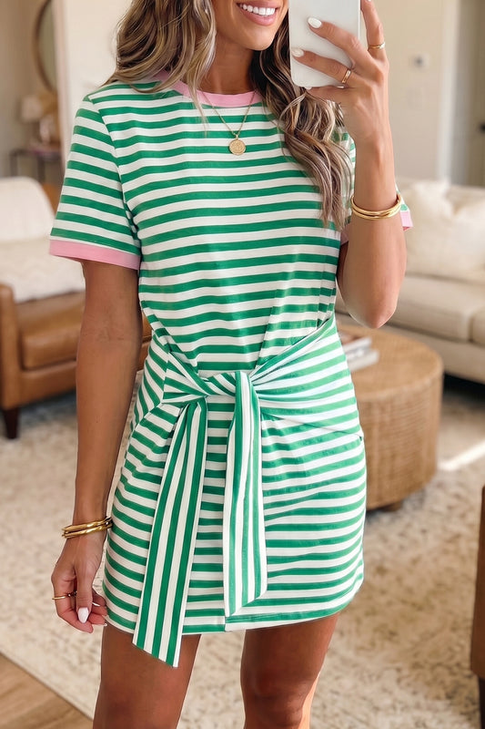 Green Stripe Nautical Tie Contrast Trim Round Neck T Shirt Mini Dress