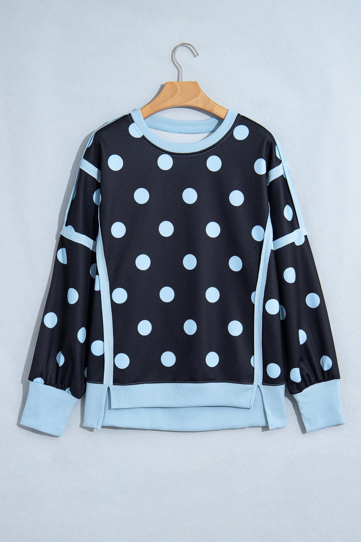 Black Polka Dot Contrast Patchwork Round Neck Baggy Sweatshirt