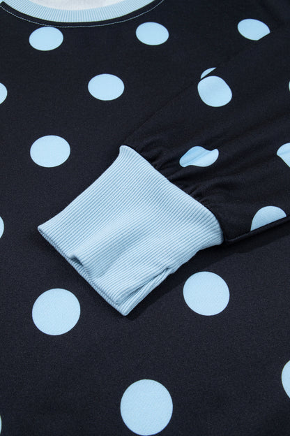 Black Polka Dot Contrast Patchwork Round Neck Baggy Sweatshirt