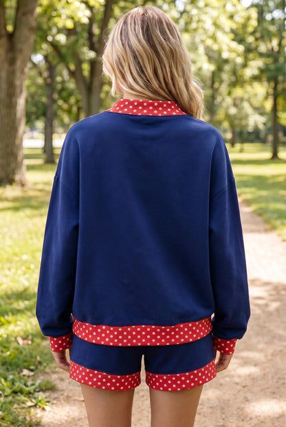 Navy Blue Polka Dot Trim Baggy Pullover 2pcs Short Set