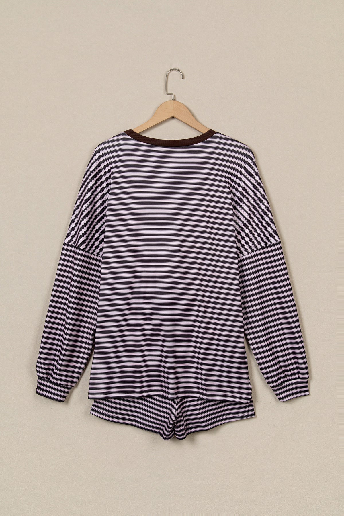Brown Stripe Long Sleeve Oversized Top Pocketed Casual Shorts Two Piece Set