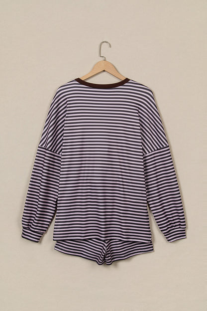 Brown Stripe Long Sleeve Oversized Top Pocketed Casual Shorts Two Piece Set