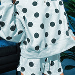 Sky Blue Polka Dot Print Drop Shoulder Pullover Drawstring Shorts Set