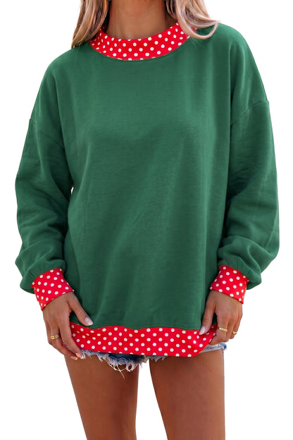 Dark Green Colorblock Polka Dot Contrast Trim Oversized Sweatshirt