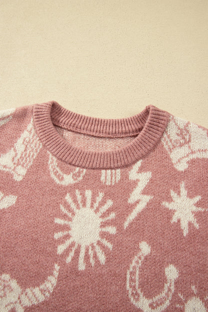 Peach Blossom Western Print Drop Shoulder Round Neck Long Sleeve Sweater