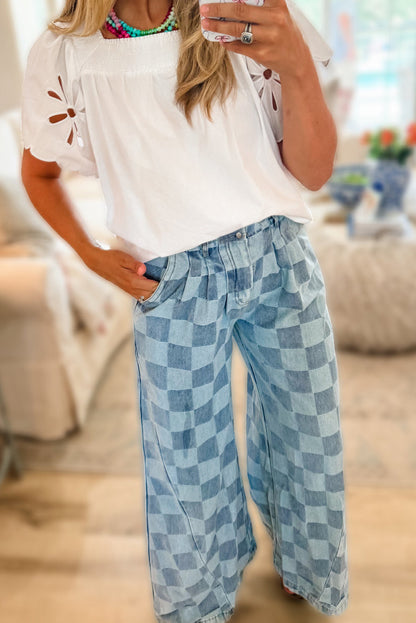 Dusk Blue Checkered Denim Wide Leg Jeans