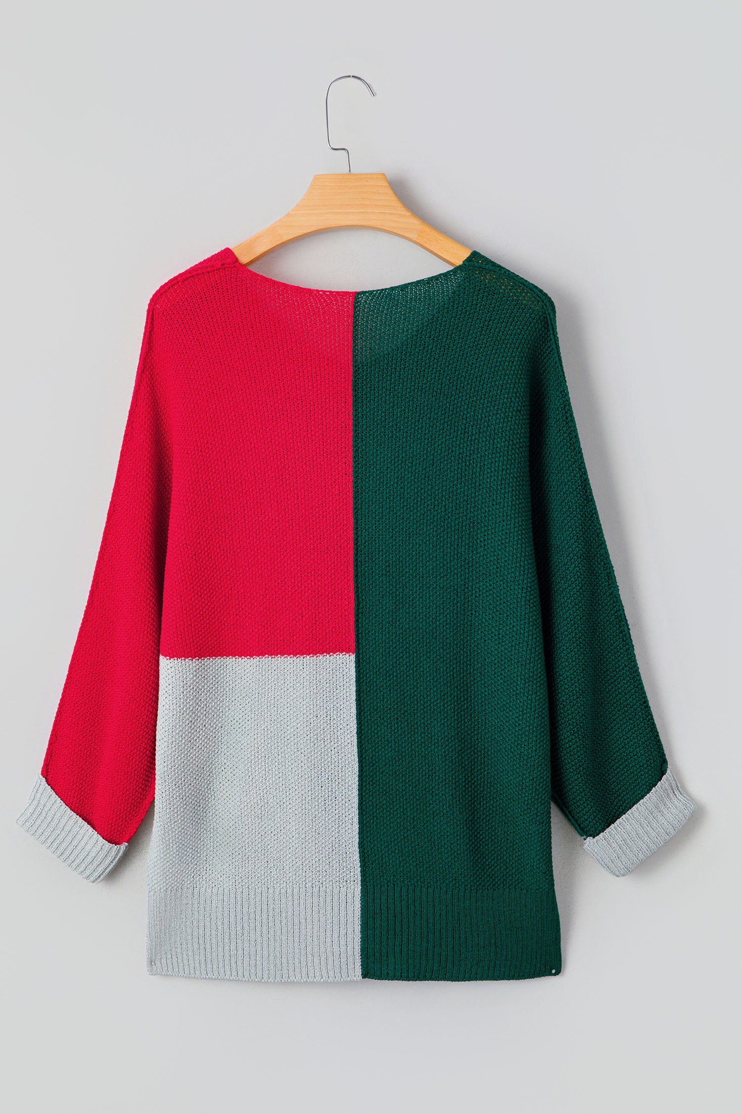 Evergreen Color Block Knit V Neck Loose Sweater