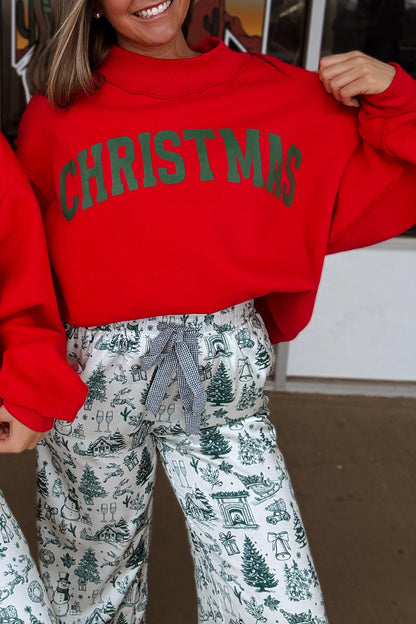 Fiery Red MERRY/CHRISTMAS Reversible Print Mock Neck Baggy Pullover Sweatshirt