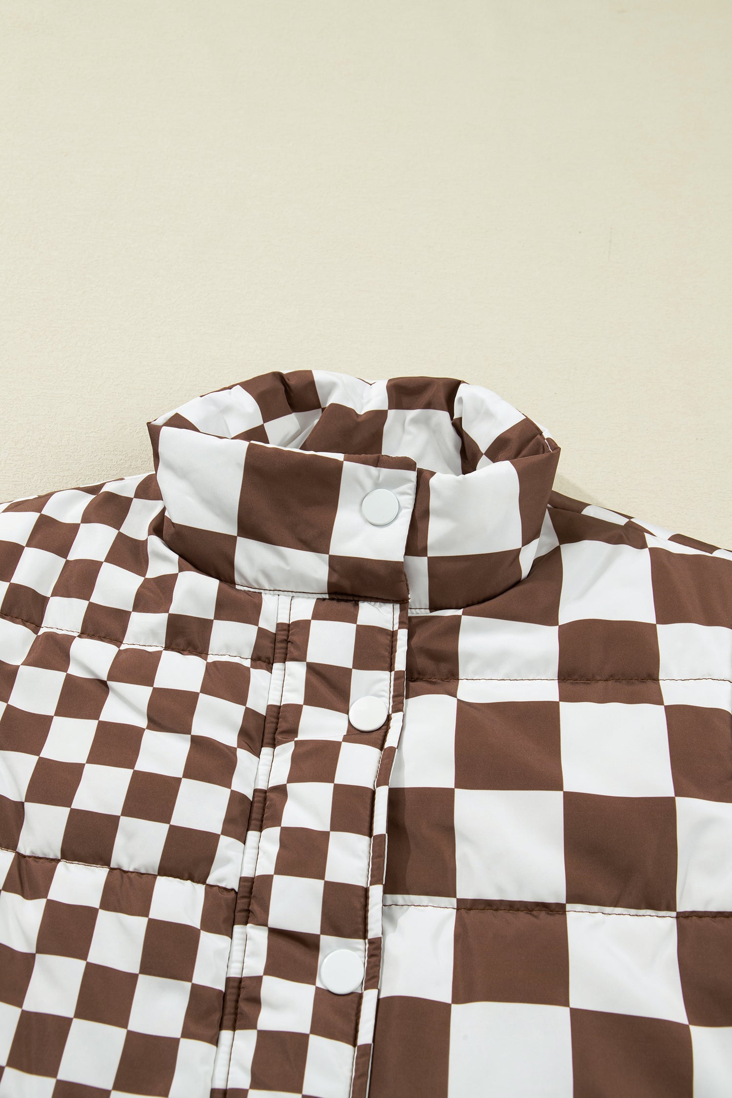 Brown Double Checked Stand Collar Cropped Puffer Vest