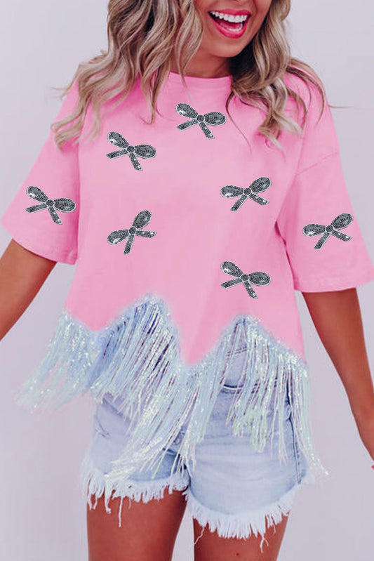 Pink Sequined Bow Knot Fringed Round Neck T Shirt