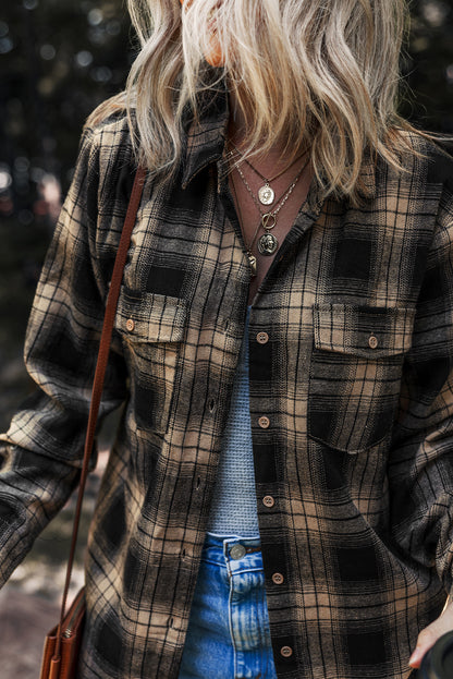Multicolour Retro Plaid Double Flap Pocket Brushed Shacket