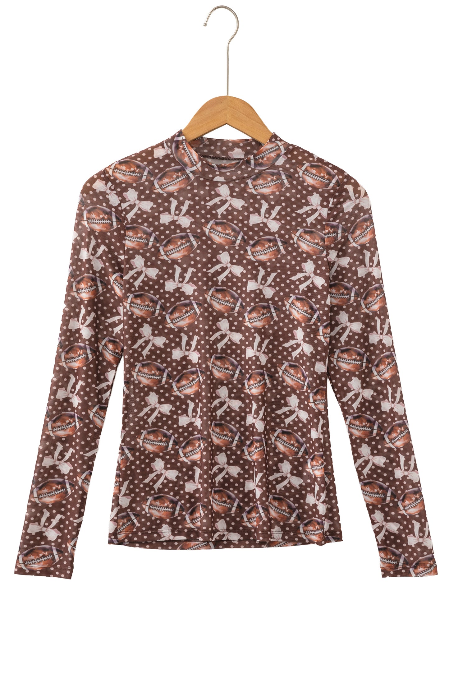 Brown Polka Dot Bow Football Print Long Sleeve Mesh Top