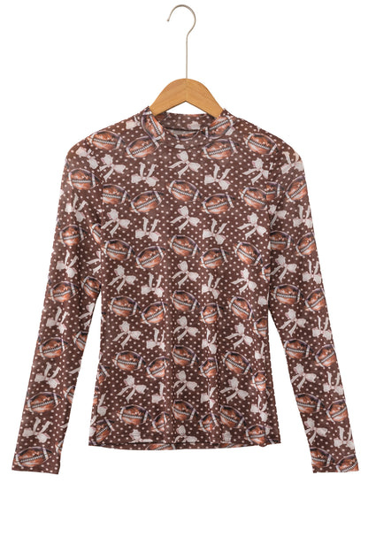 Brown Polka Dot Bow Football Print Long Sleeve Mesh Top