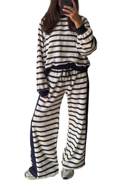Beige Stripe Relaxed Long Sleeve Top Color Block Detail Drawstring Pant Set