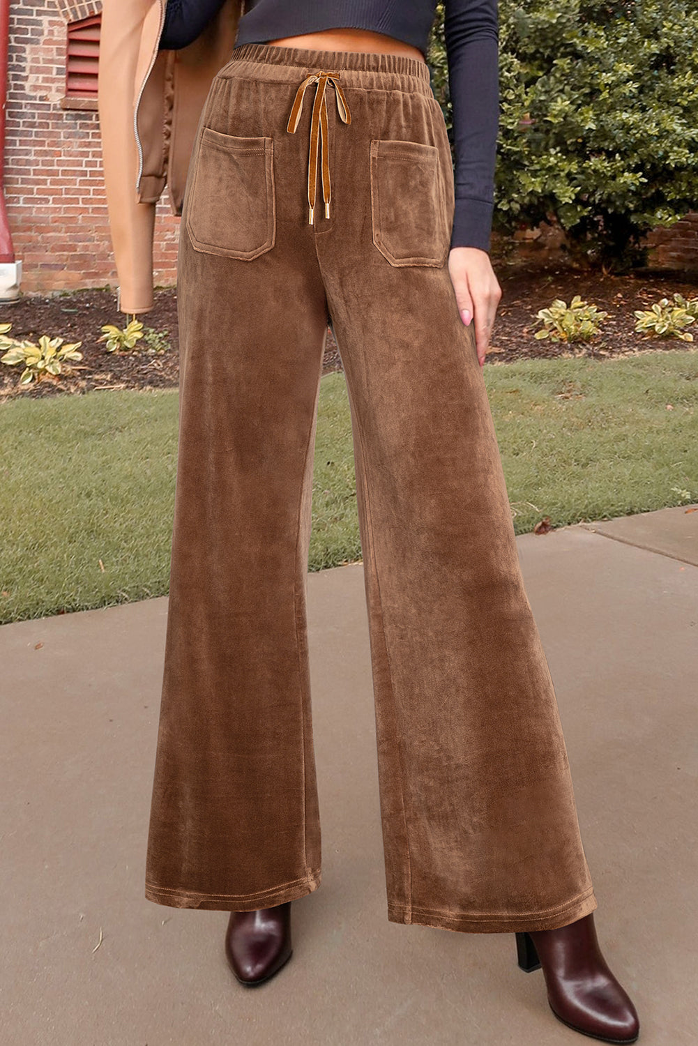 Coffee Straight Loose Drawstring Elastic High Waist Fleece Pants