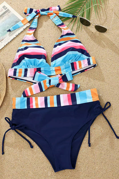 Ensemble bikini dos nu à rayures multicolores et froncé 