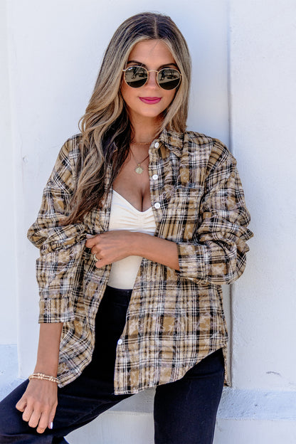 Brown Retro Plaid Long Sleeve Button Down Shirt