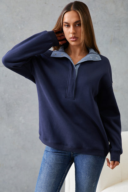 Dirty blue Drop Shoulder Metal Button Casual Pullover Sweatshirt