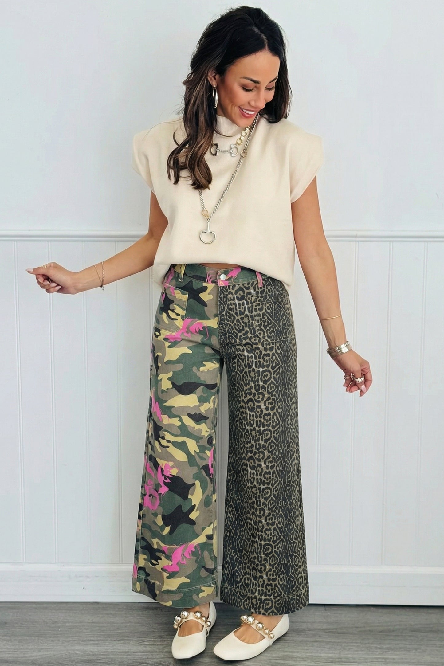 Multicolour Abstract Camouflage Print Contrast Leopard Patchwork Straight Leg Jeans