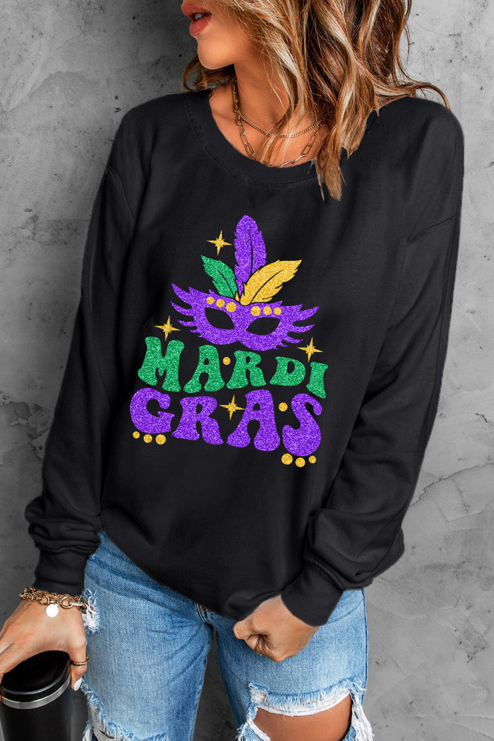 Sweat-shirt noir imprimé masque MARDI GRAS par transfert thermique