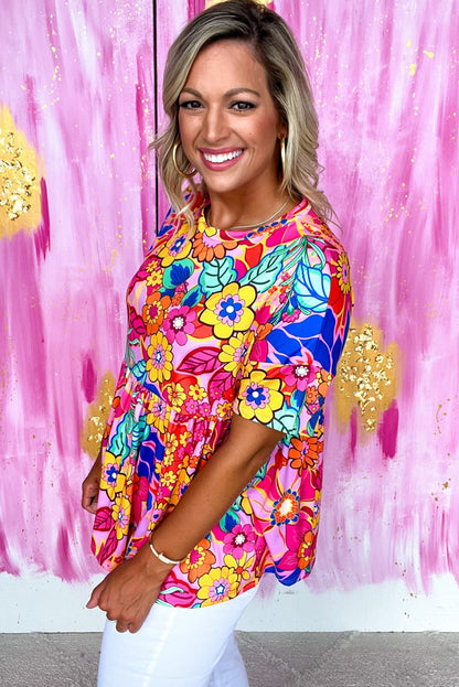 Haut babydoll plissé à manches courtes et imprimé floral rose