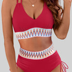 Racing Red Ribbed Knit Tribal Contrast Detail 2pcs High Waist Swimsuit