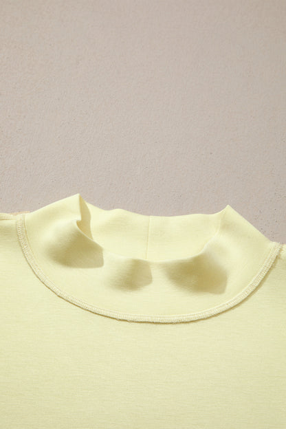 Yellow Cream Solid Color Exposed Seam Mock Neck Oversize Tee Casual Shorts 2pcs Outfit