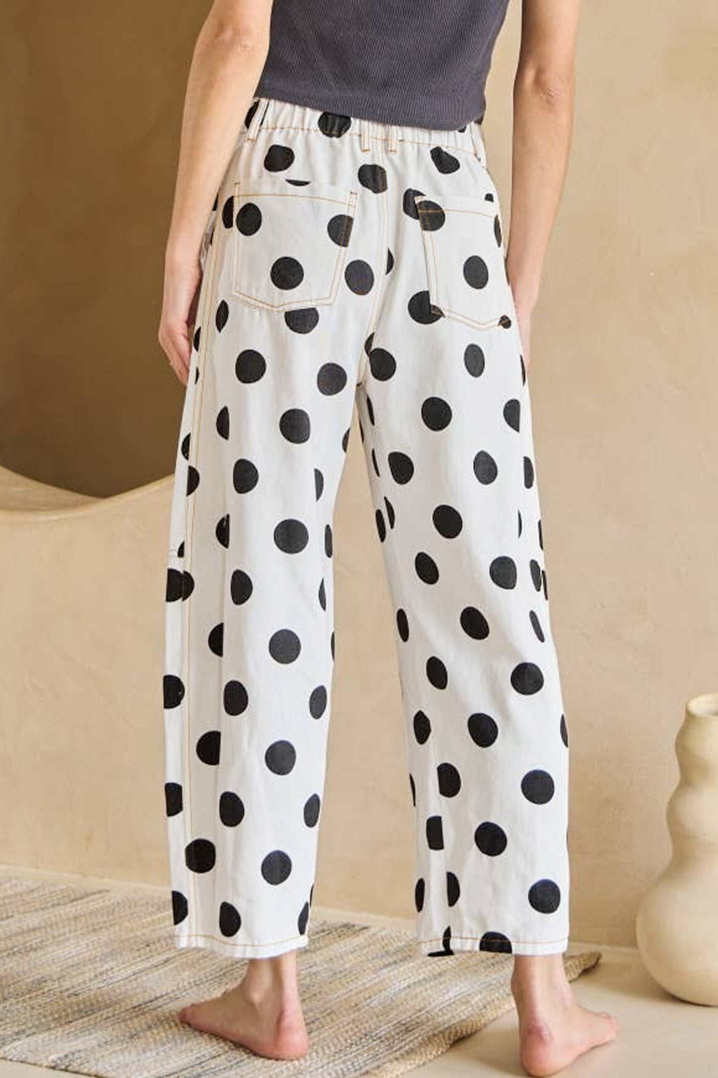 White Polka Dot Print Bow Detail Pocketed Jeans