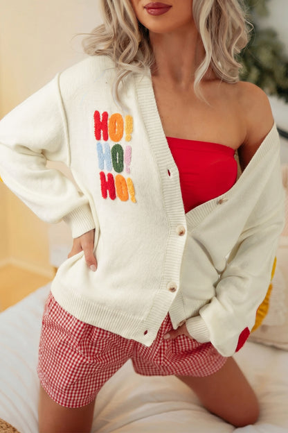 White Ho Ho Ho Slogan V Neck Button Front Embroidered Knit Cardigan