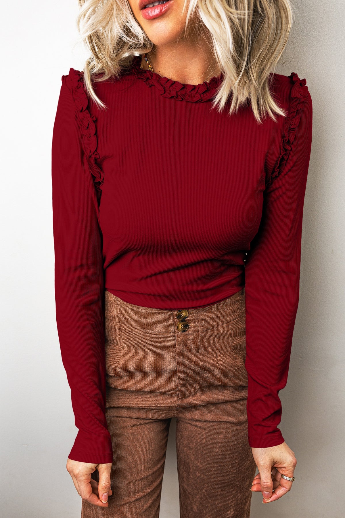Red Dahlia Solid Color Round Neck Frill Detail Long Sleeve Top