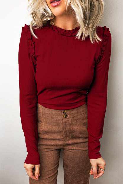 Red Dahlia Solid Color Round Neck Frill Detail Long Sleeve Top