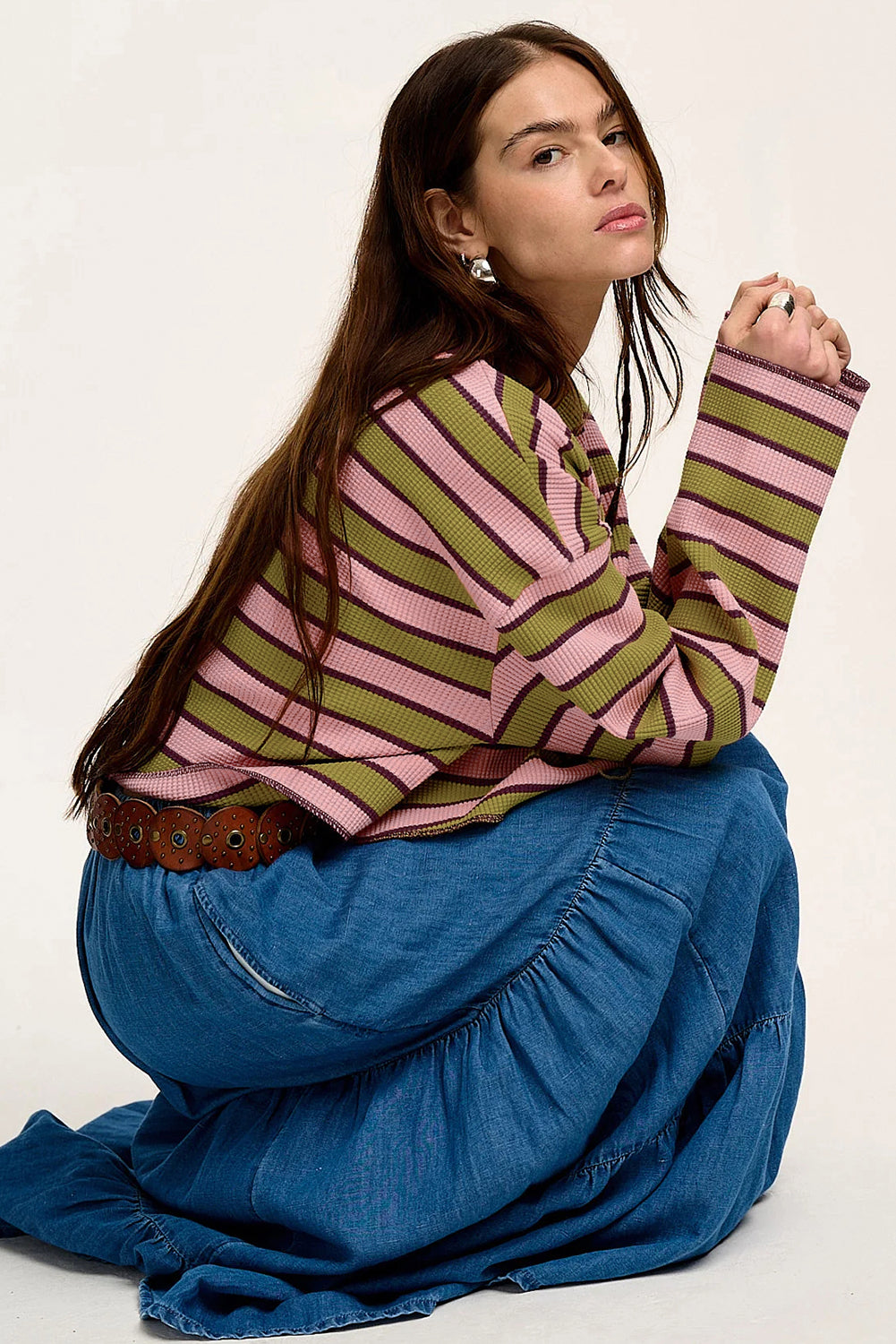 Haut à manches longues et col cranté à rayures contrastées vert épinard