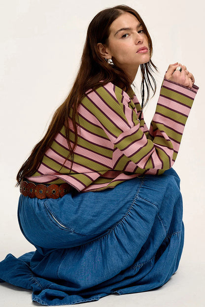 Haut à manches longues et col cranté à rayures contrastées vert épinard