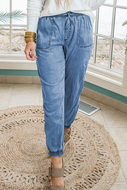 Pantalon de jogging en jean bleu crépuscule grande taille avec cordon de serrage et poches