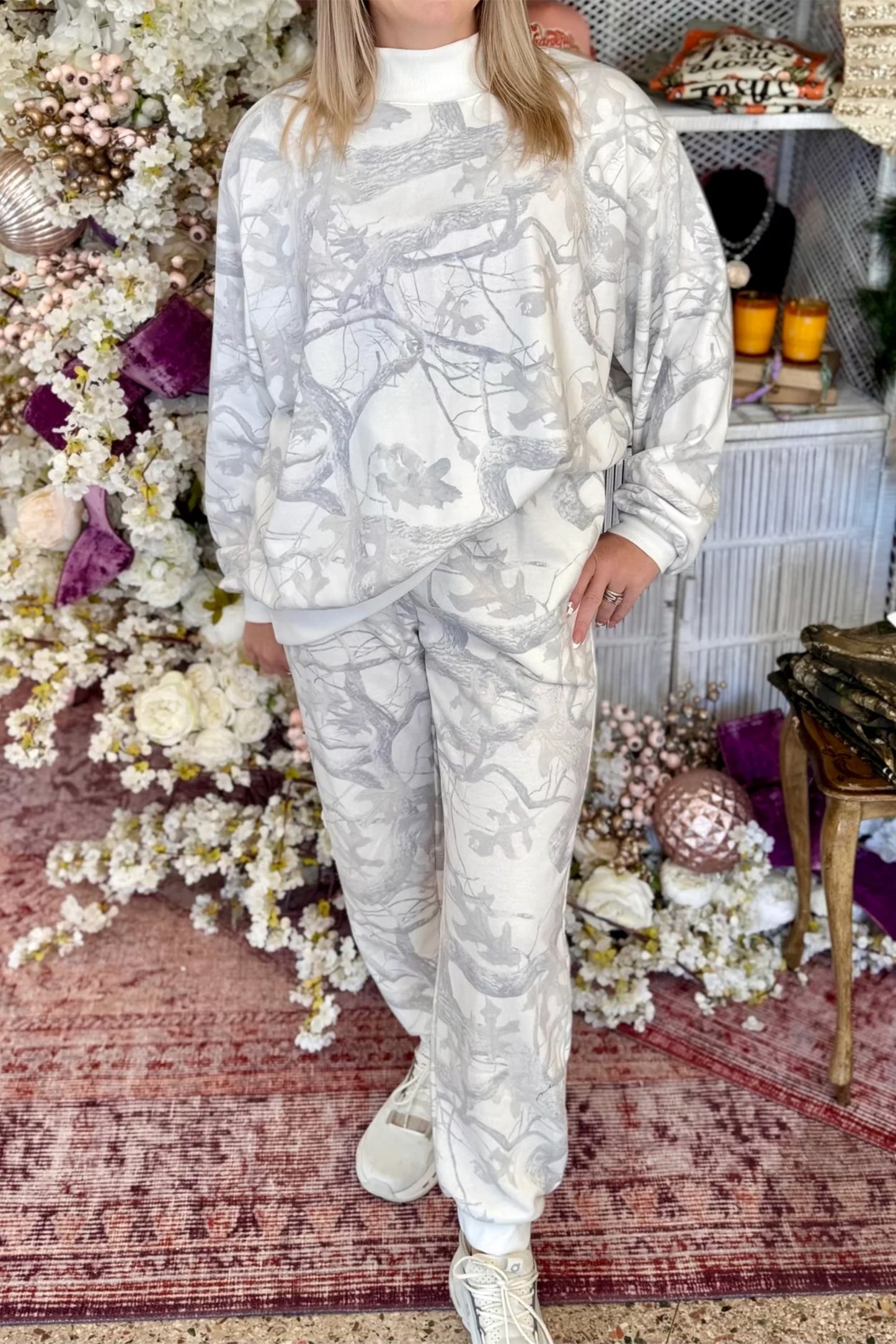 Gray Camouflage Print Stand Neck Long Sleeve Regular Fit Plus Size Set