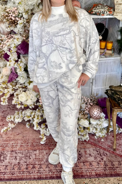 Gray Camouflage Print Stand Neck Long Sleeve Regular Fit Plus Size Set