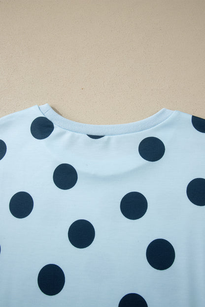 Sky Blue Polka Dot Print Loose Tee Drawstring Elastic Waist Short Set