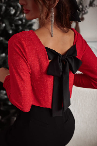 Racing Red Metallic Bowknot Open Back V Neck Top