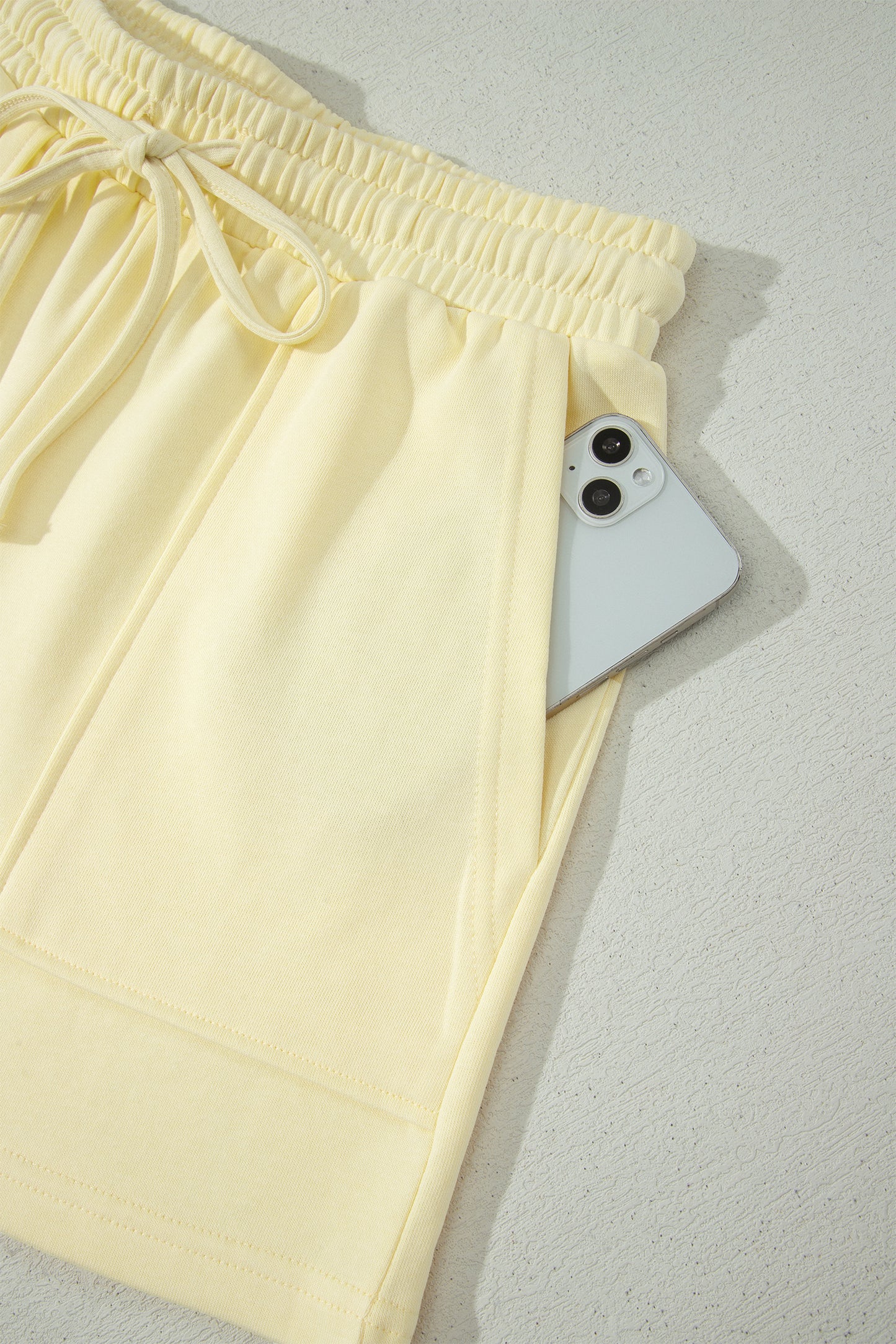 Yellow Cream Solid Color Tee Drawstring Shorts Comfy 2pcs Set