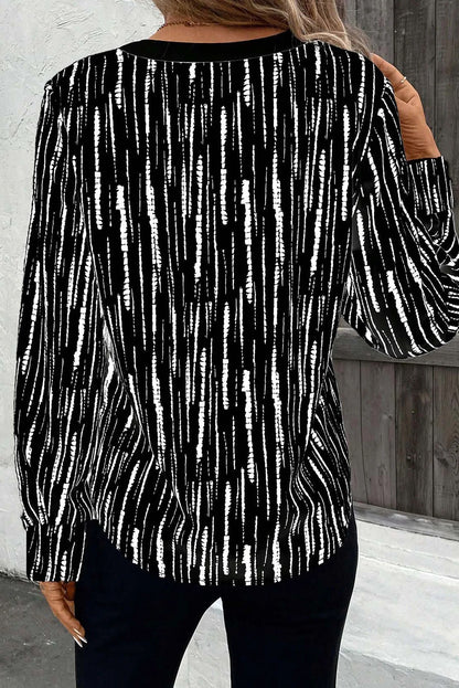 White Abstract Printed V Neck Fall Blouse