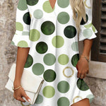 Green Polka Dot Print Flounced Half Sleeve Casual Vacation Style Mini Dress
