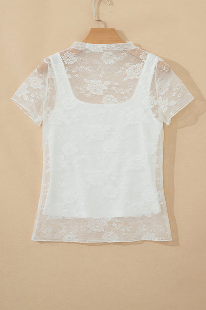 White Sheer Lace Round Neck T Shirt