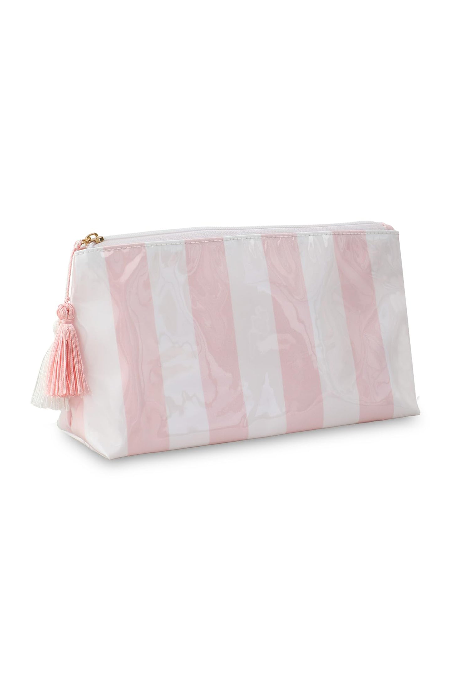 Light Pink Striped Vinyl Waterproof Tassel Zipper Makeup Bag