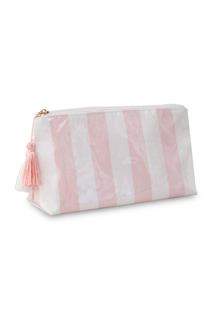 Light Pink Striped Vinyl Waterproof Tassel Zipper Makeup Bag