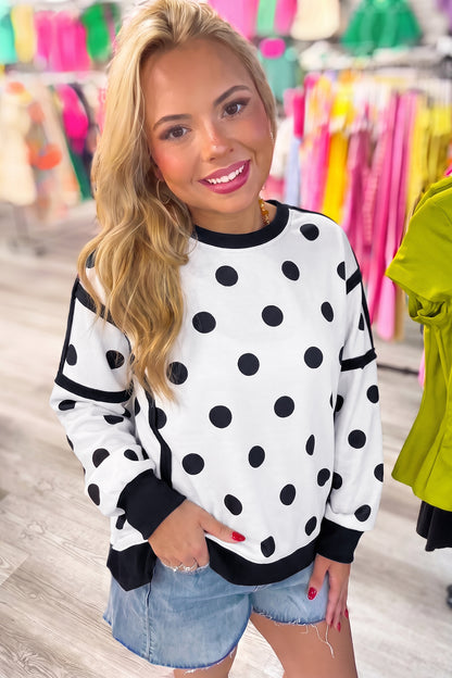White Polka Dot Contrast Patchwork Round Neck Baggy Sweatshirt