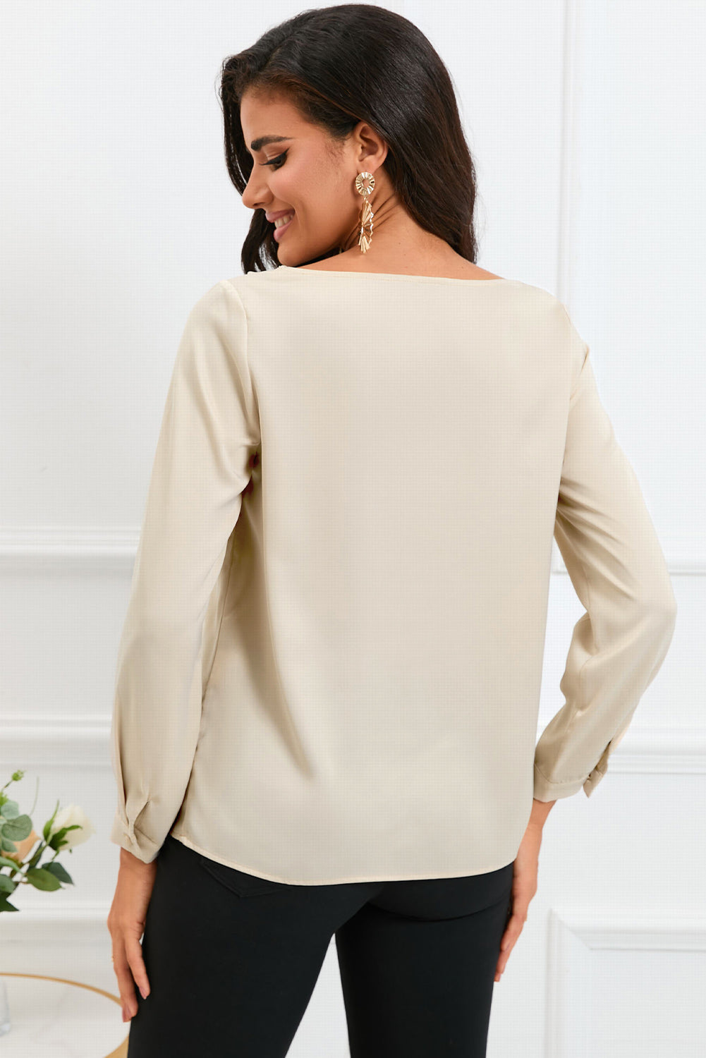 White Solid Asymmetric V Neck Long Sleeve Satin Blouse