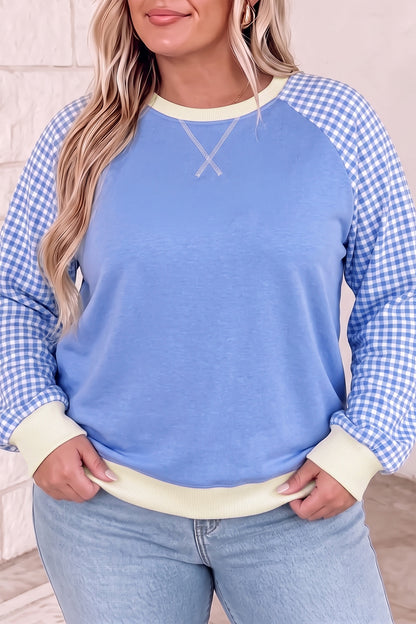 Light Blue Plaid Sleeve Ribbed Colorblock Trim Plus Size Sweatshirt
