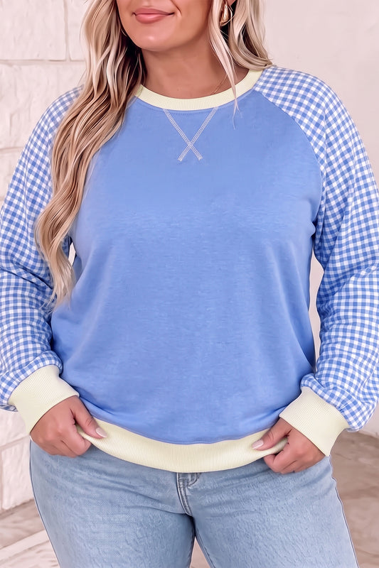 Light Blue Plaid Sleeve Ribbed Colorblock Trim Plus Size Sweatshirt