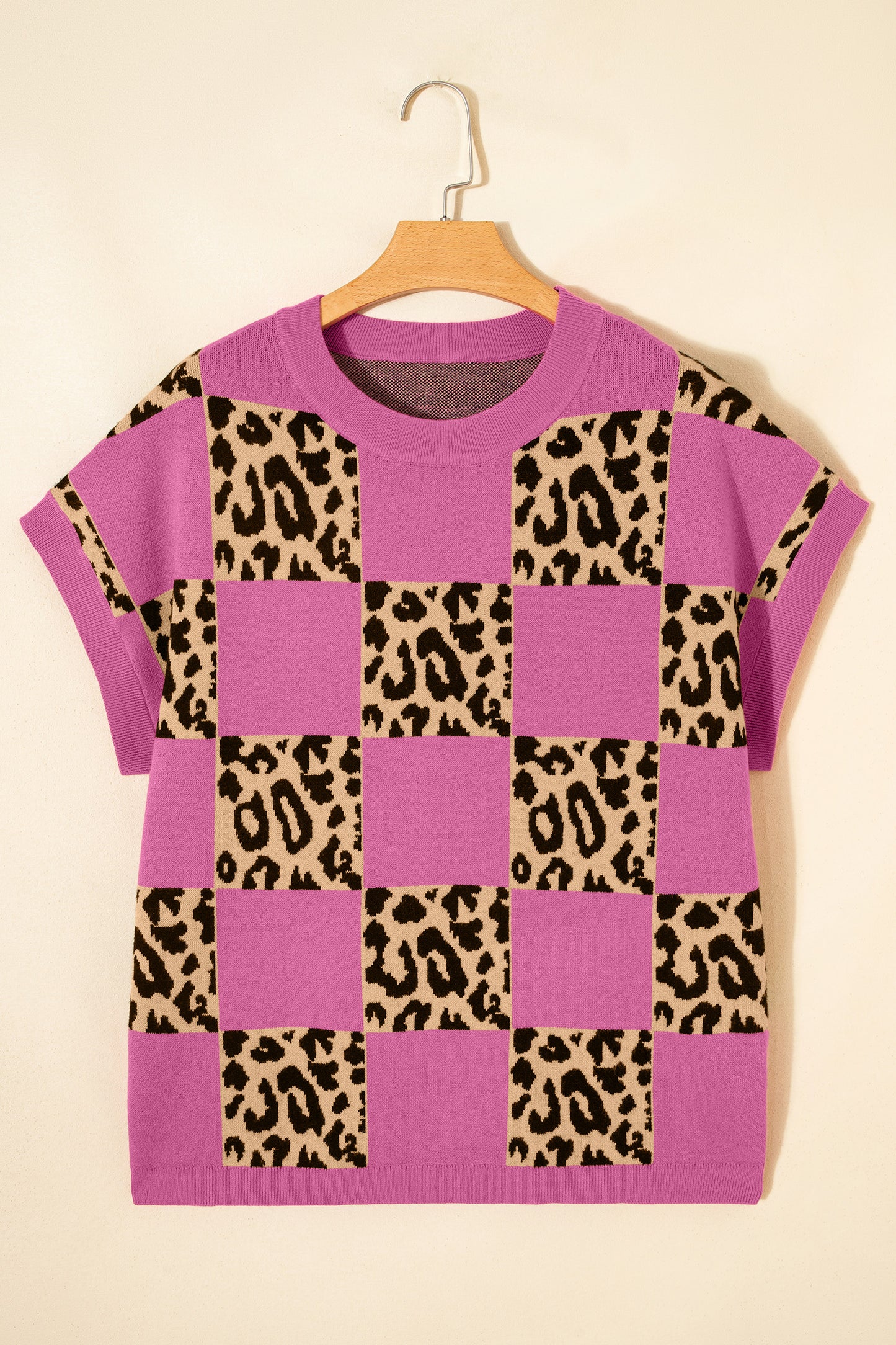 Black Leopard Checkerboard Short Sleeve Knit Sweater